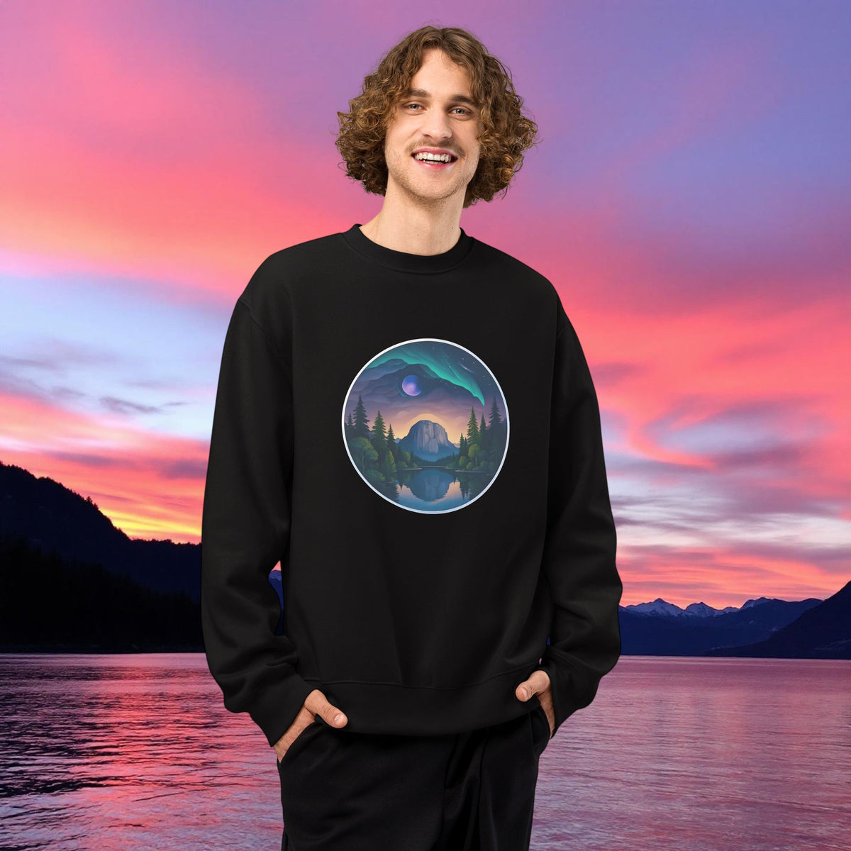 Back view of Sea to Sky Mountain Landscape Heavyweight Sweatshirt — Sea-to-Sky design from Squamish