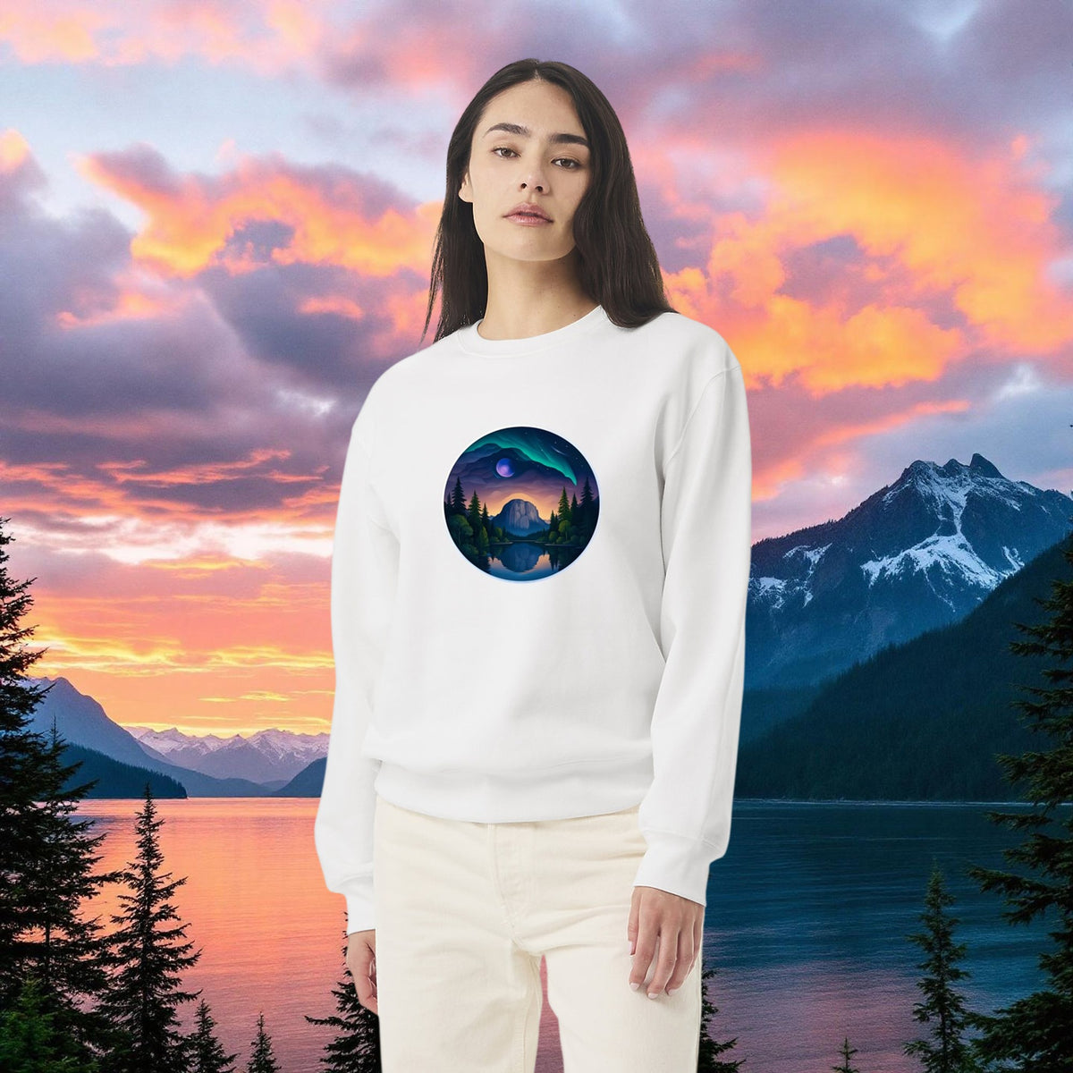 Print detail — Sea to Sky Mountain Landscape Heavyweight Sweatshirt, designed in Squamish, British Columbia